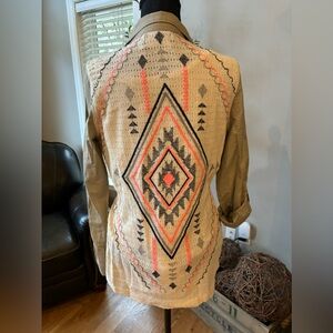 BLU PEPPER Womens Lg Utility Jacket Sinched Southwestern Sweater Back khaki